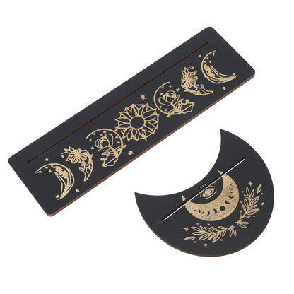 2 Pieces Wooden Tarot Card Stand Holder Moon Shape and Rectangle Wooden Tarot Card Display Stand Base Black Type A