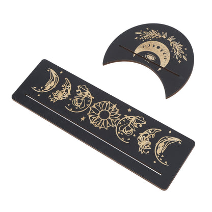 2 Pieces Wooden Tarot Card Stand Holder Moon Shape and Rectangle Wooden Tarot Card Display Stand Base Black Type A