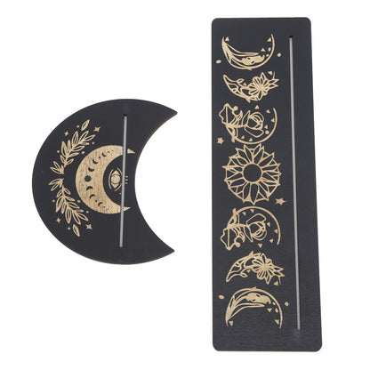 2 Pieces Wooden Tarot Card Stand Holder Moon Shape and Rectangle Wooden Tarot Card Display Stand Base Black Type A
