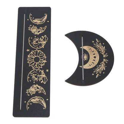2 Pieces Wooden Tarot Card Stand Holder Moon Shape and Rectangle Wooden Tarot Card Display Stand Base Black Type A