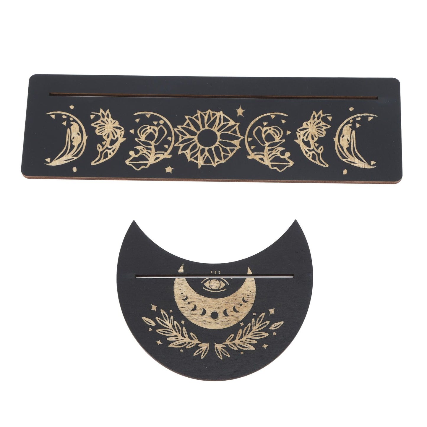 2 Pieces Wooden Tarot Card Stand Holder Moon Shape and Rectangle Wooden Tarot Card Display Stand Base Black Type A