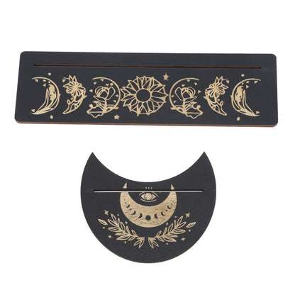 2 Pieces Wooden Tarot Card Stand Holder Moon Shape and Rectangle Wooden Tarot Card Display Stand Base Black Type A