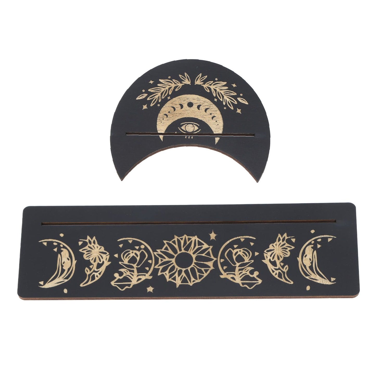 2 Pieces Wooden Tarot Card Stand Holder Moon Shape and Rectangle Wooden Tarot Card Display Stand Base Black Type A