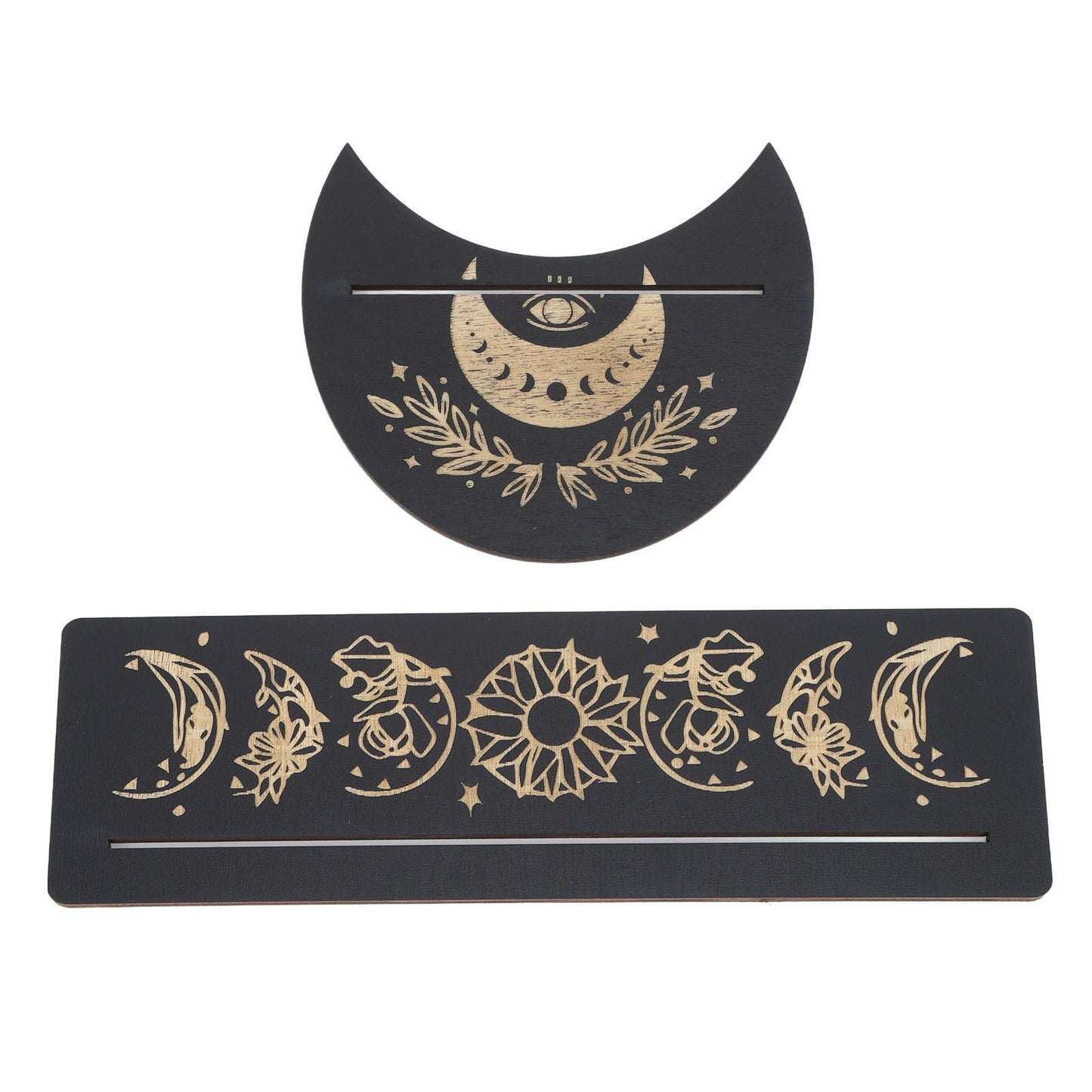 2 Pieces Wooden Tarot Card Stand Holder Moon Shape and Rectangle Wooden Tarot Card Display Stand Base Black Type A