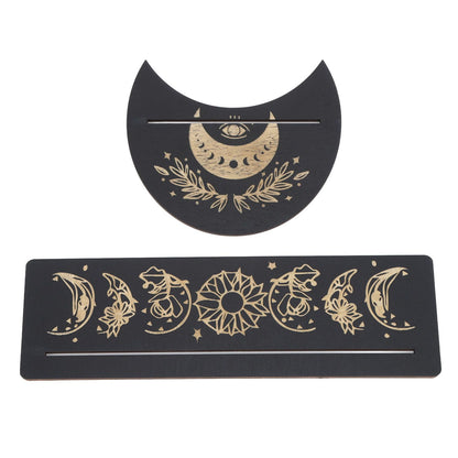 2 Pieces Wooden Tarot Card Stand Holder Moon Shape and Rectangle Wooden Tarot Card Display Stand Base Black Type A