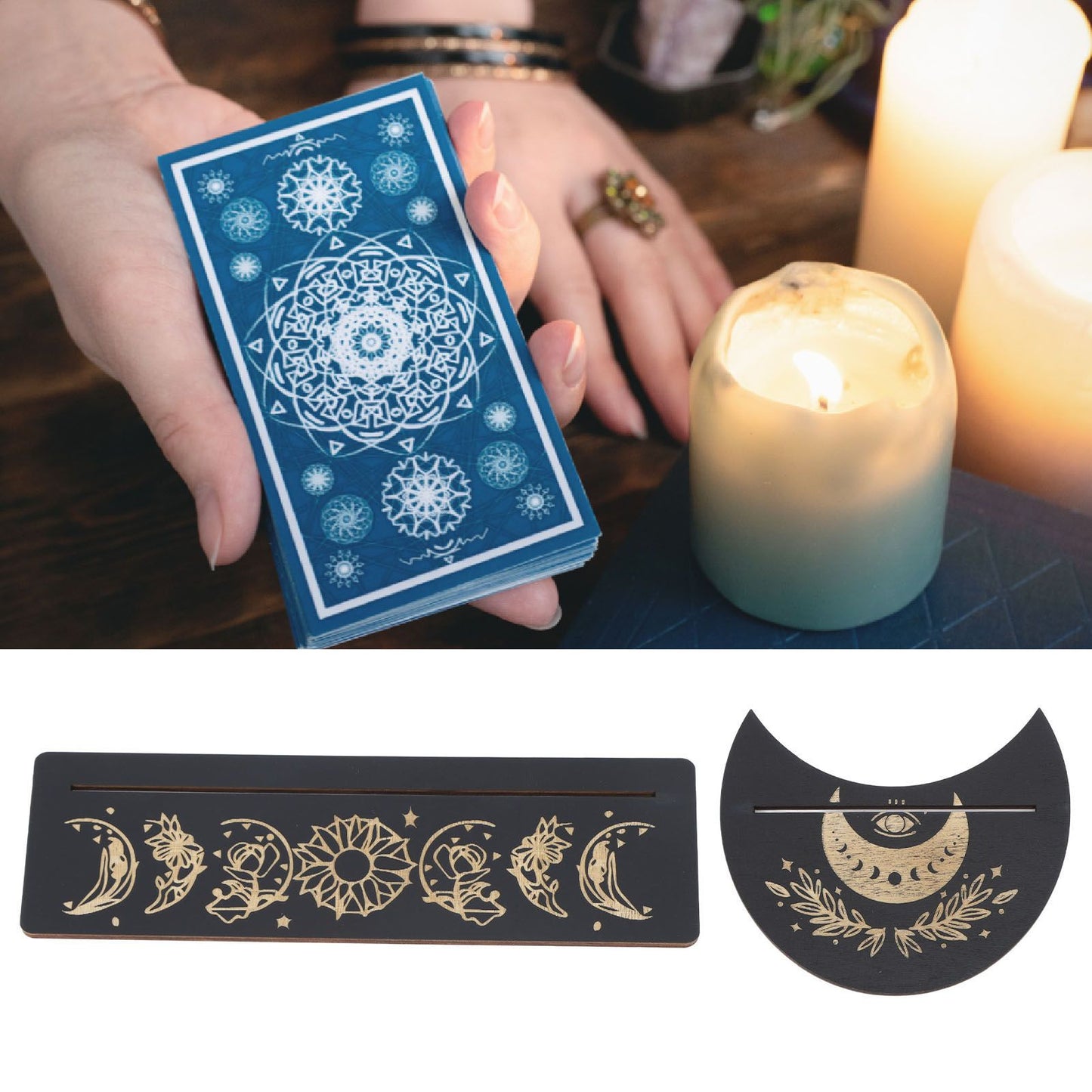 2 Pieces Wooden Tarot Card Stand Holder Moon Shape and Rectangle Wooden Tarot Card Display Stand Base Black Type A