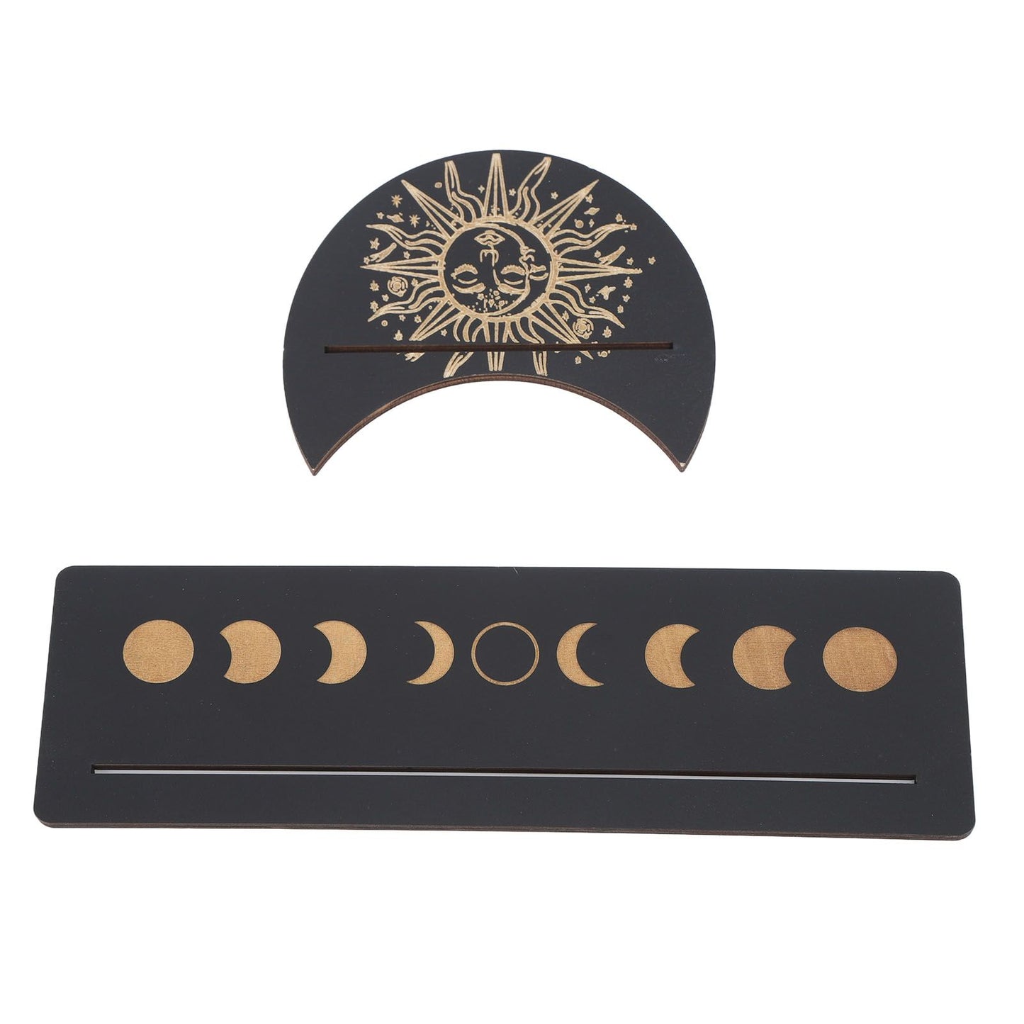 2 Pieces Wooden Tarot Card Stand Holder Moon Shape and Rectangle Wooden Tarot Card Display Stand Base Black Type B