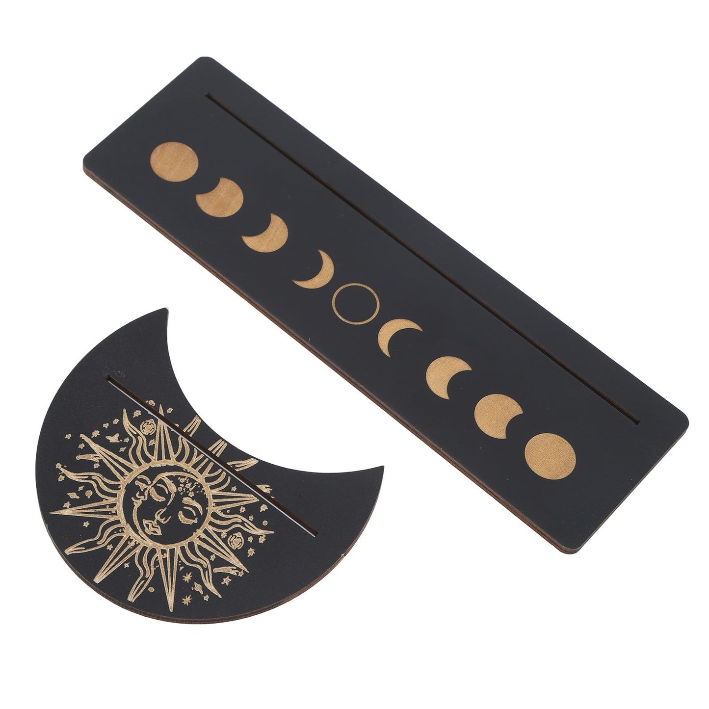 2 Pieces Wooden Tarot Card Stand Holder Moon Shape and Rectangle Wooden Tarot Card Display Stand Base Black Type B