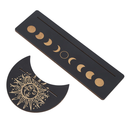 2 Pieces Wooden Tarot Card Stand Holder Moon Shape and Rectangle Wooden Tarot Card Display Stand Base Black Type B