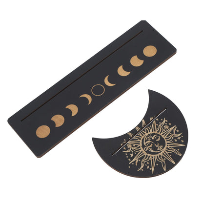 2 Pieces Wooden Tarot Card Stand Holder Moon Shape and Rectangle Wooden Tarot Card Display Stand Base Black Type B