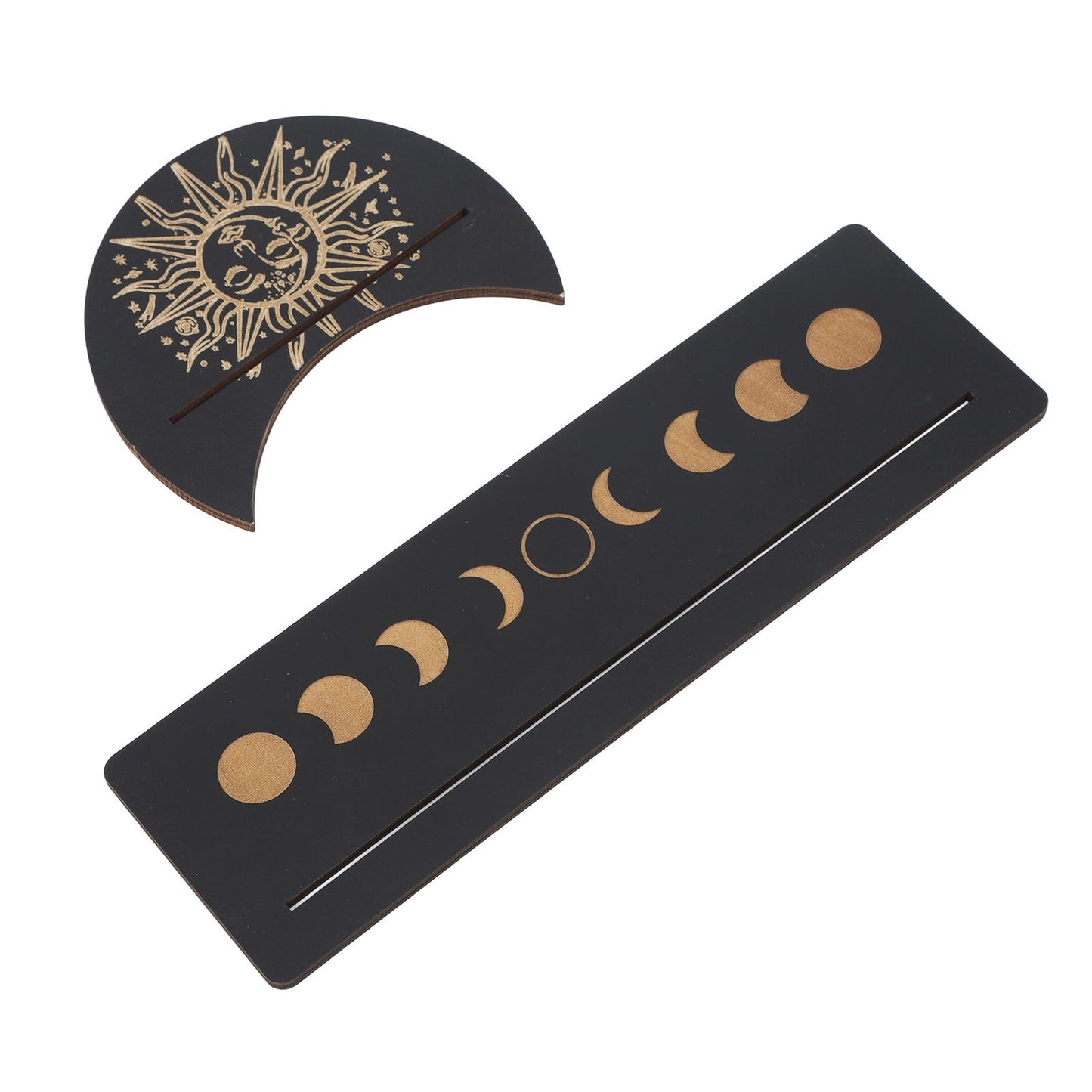 2 Pieces Wooden Tarot Card Stand Holder Moon Shape and Rectangle Wooden Tarot Card Display Stand Base Black Type B