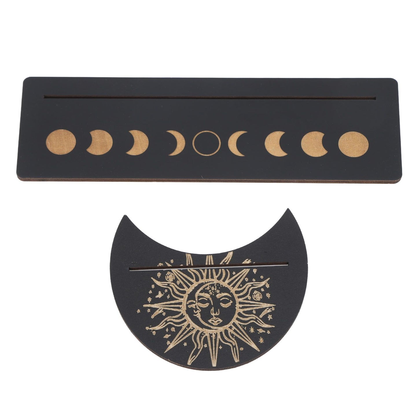 2 Pieces Wooden Tarot Card Stand Holder Moon Shape and Rectangle Wooden Tarot Card Display Stand Base Black Type B