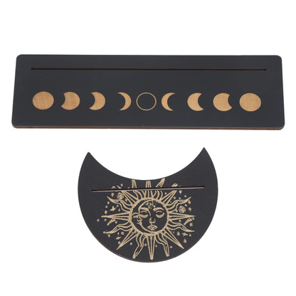 2 Pieces Wooden Tarot Card Stand Holder Moon Shape and Rectangle Wooden Tarot Card Display Stand Base Black Type B