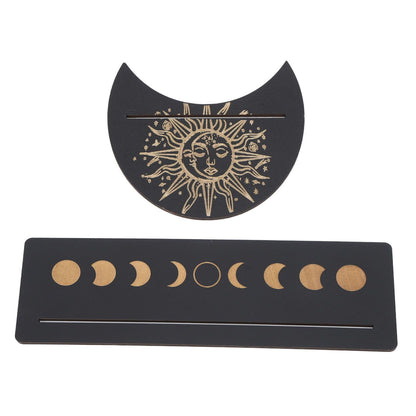 2 Pieces Wooden Tarot Card Stand Holder Moon Shape and Rectangle Wooden Tarot Card Display Stand Base Black Type B