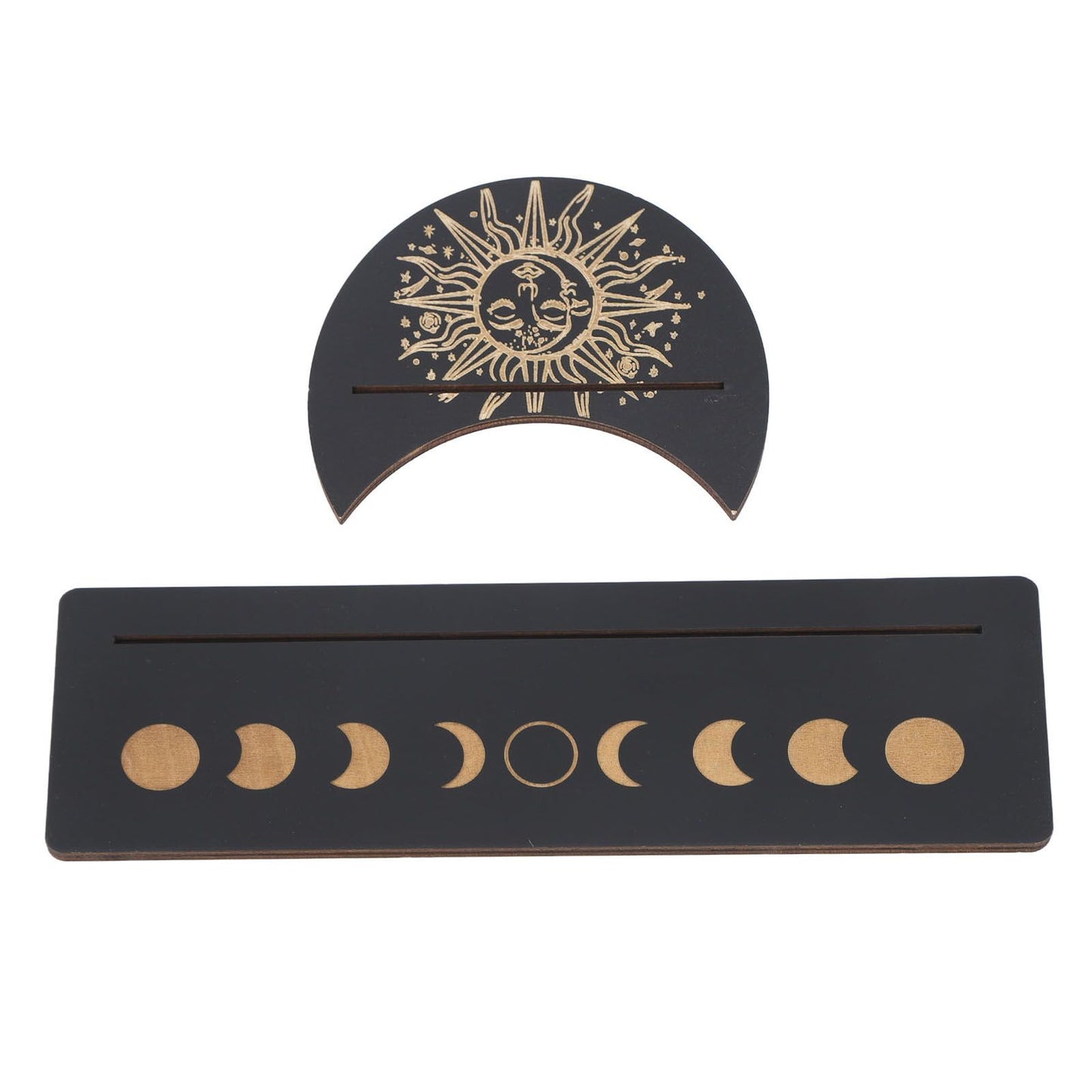 2 Pieces Wooden Tarot Card Stand Holder Moon Shape and Rectangle Wooden Tarot Card Display Stand Base Black Type B