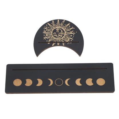 2 Pieces Wooden Tarot Card Stand Holder Moon Shape and Rectangle Wooden Tarot Card Display Stand Base Black Type B