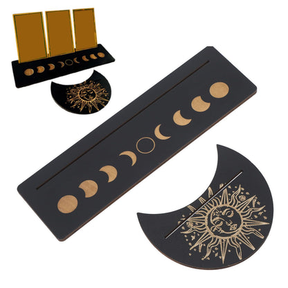 2 Pieces Wooden Tarot Card Stand Holder Moon Shape and Rectangle Wooden Tarot Card Display Stand Base Black Type B
