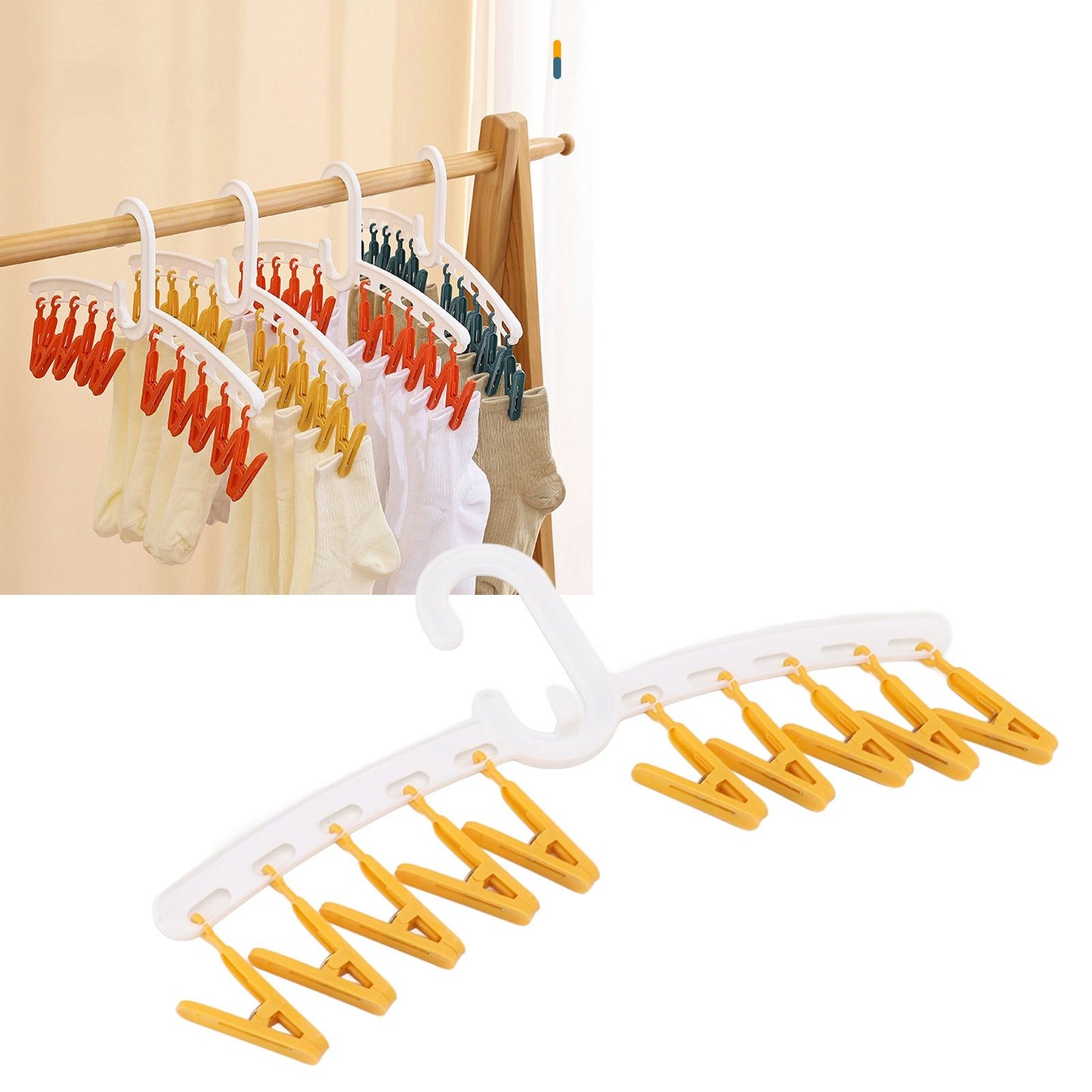Plastic Sock Clips Drying Rack Straight Rod for Clothes Travel Portable Supplies White and Yellow