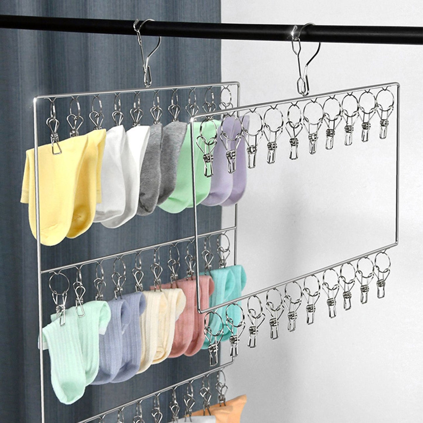 Stainless Steel Sock Drying Rack for Towels Cloth Diapers Bras Baby Clothes Underwear Hat Gloves 3 Layer 30 Clip