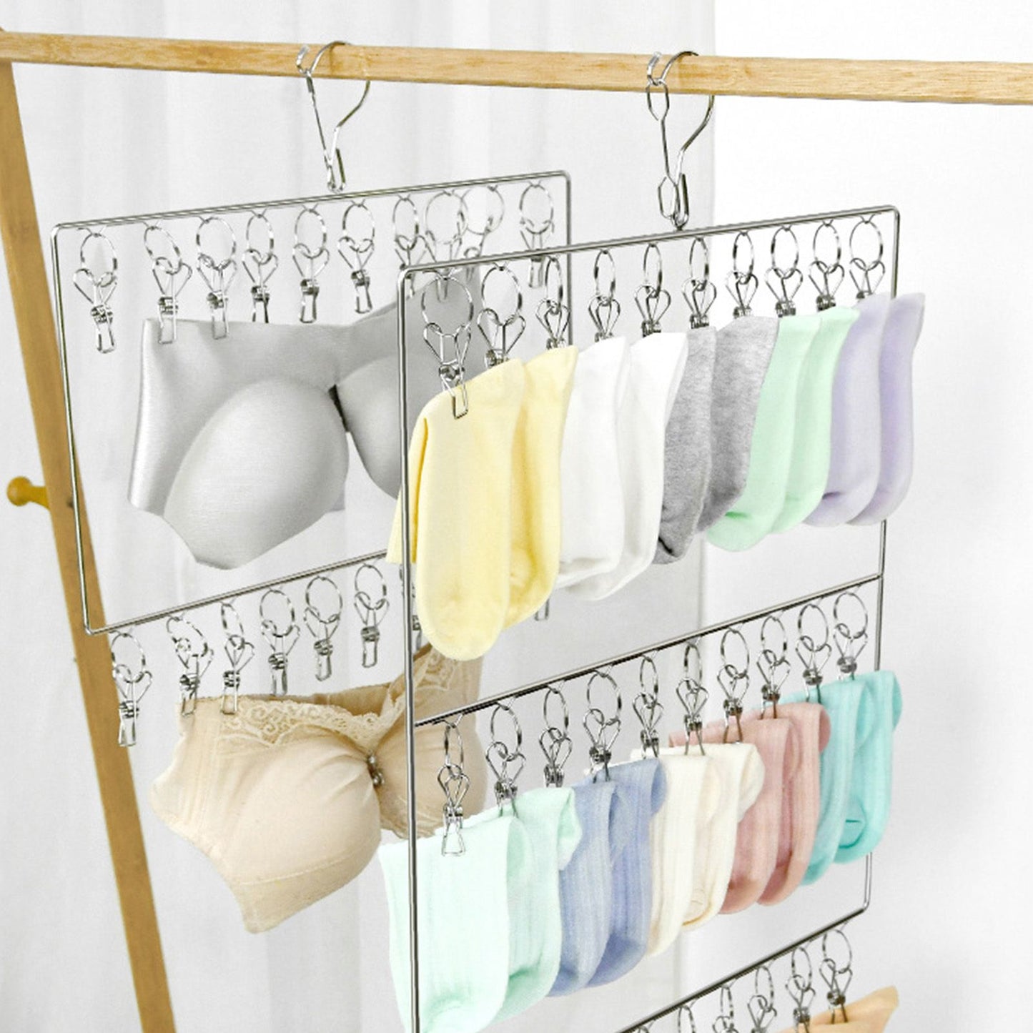 Stainless Steel Sock Drying Rack for Towels Cloth Diapers Bras Baby Clothes Underwear Hat Gloves 3 Layer 30 Clip