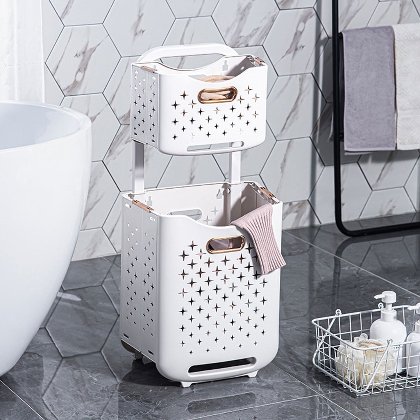Collapsible Laundry Basket Portable Foldable Laundry Hamper Clothes Storage Organizer Basket for Home Hotel Ivory White Single Basket