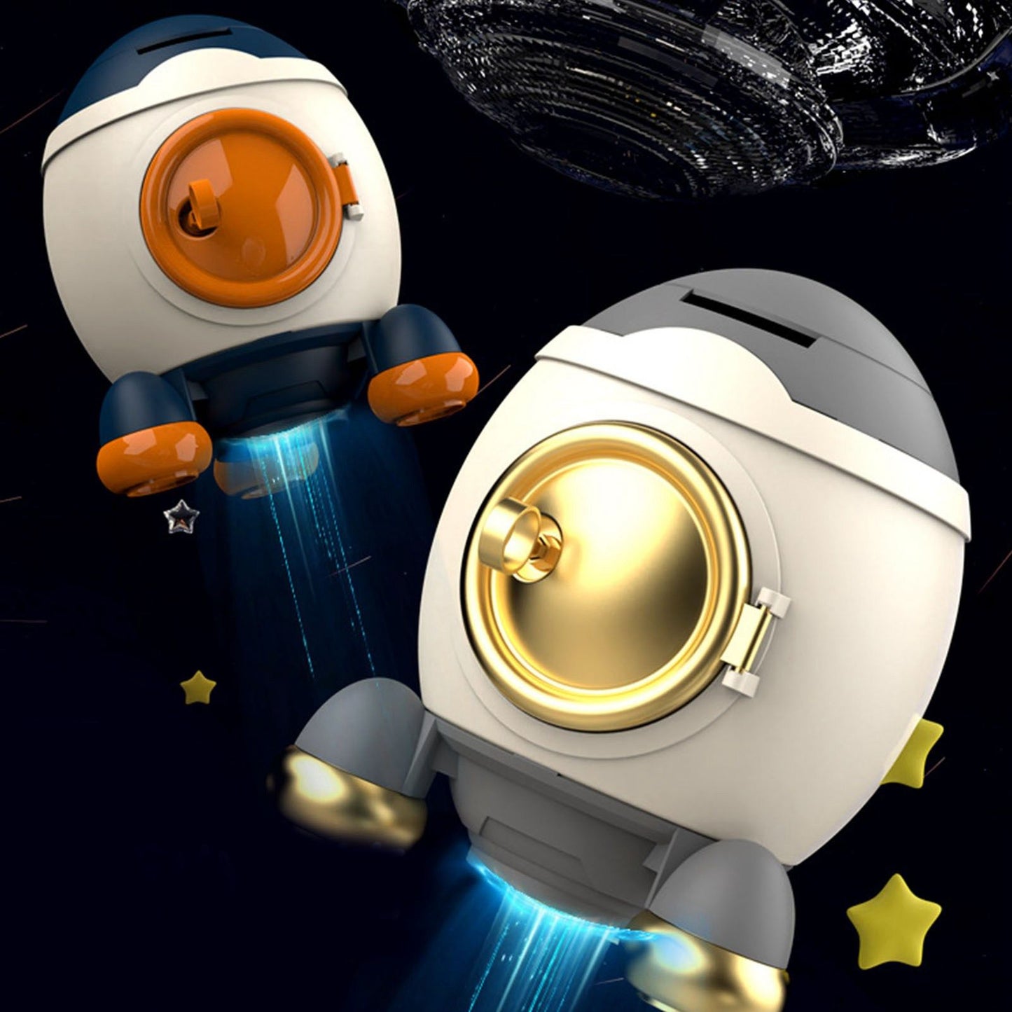 Cartoon Style Space Rocket Piggy Bank Money Bank Money Saving Jar Boys Girls Gift Luxurious Grey Gold