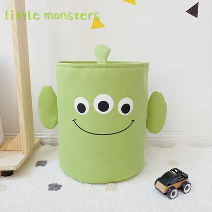 Fabric Storage Basket Collapsible Waterproof Cartoon Canvas Toy Organizer Laundry Basket for Playroom Bedroom Green Monster Three Layers Thickened 35x40cm / 13.8x15.7in