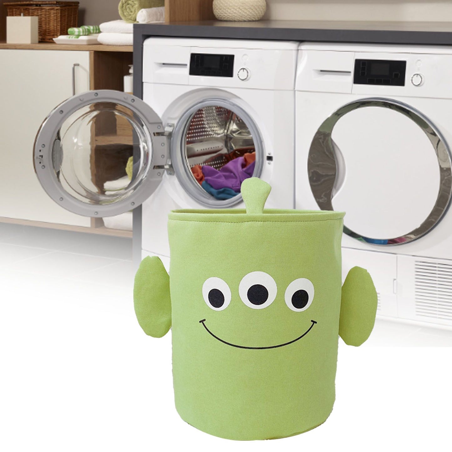 Fabric Storage Basket Collapsible Waterproof Cartoon Canvas Toy Organizer Laundry Basket for Playroom Bedroom Green Monster Three Layers Thickened 35x40cm / 13.8x15.7in
