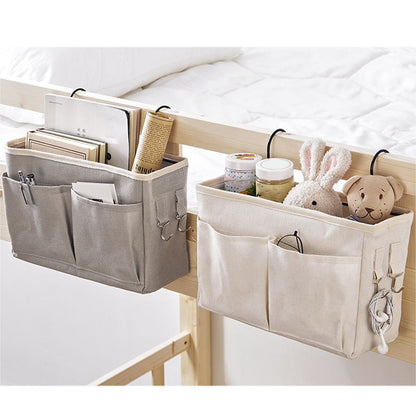 Nightstand Hanging Bag Cotton Linen Bedside Storage Pocket Organizer Basket for Bunk Bed Dorm Rooms White