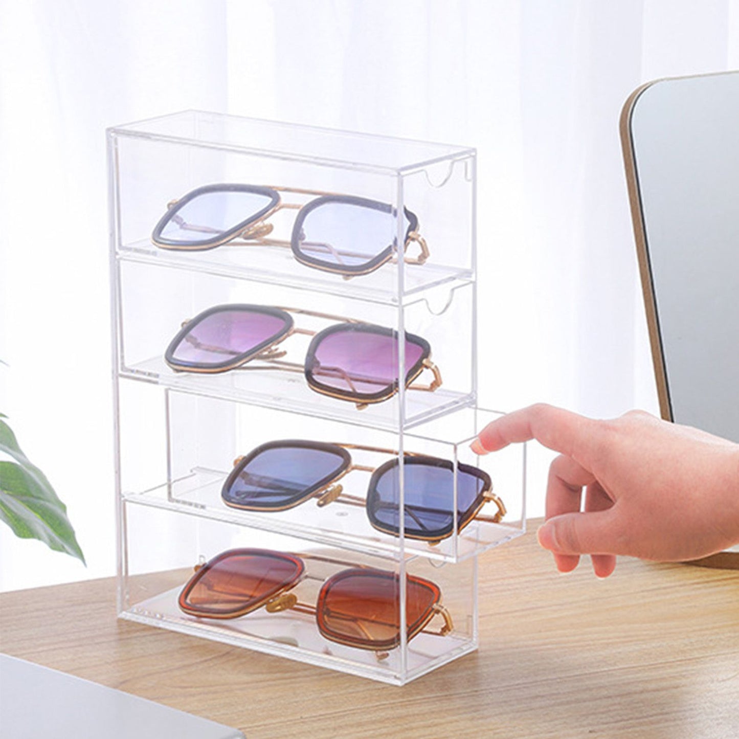 Glasses Storage Box 4 Layers Stackable Transparent Sunglasses Display Organizer for Office Bedroom