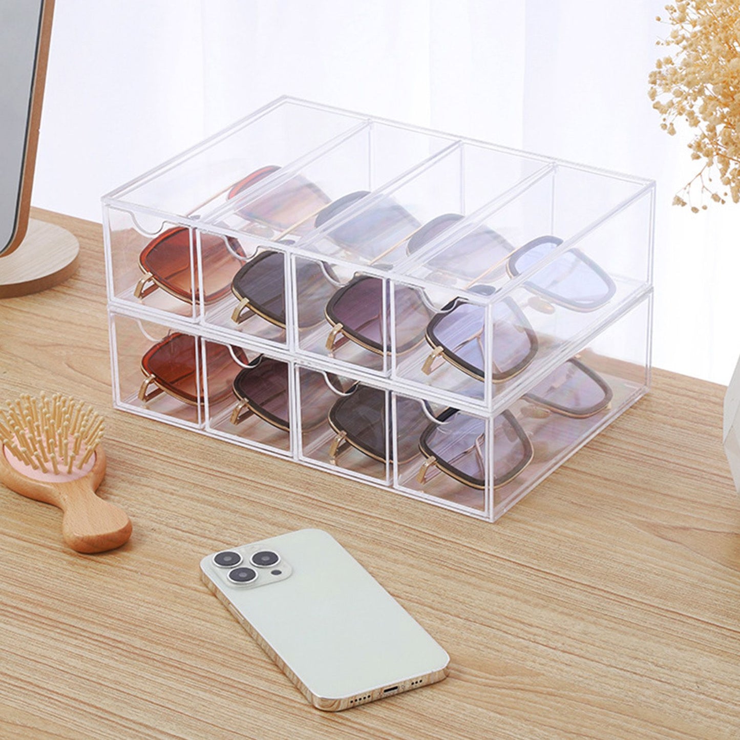 Glasses Storage Box 4 Layers Stackable Transparent Sunglasses Display Organizer for Office Bedroom