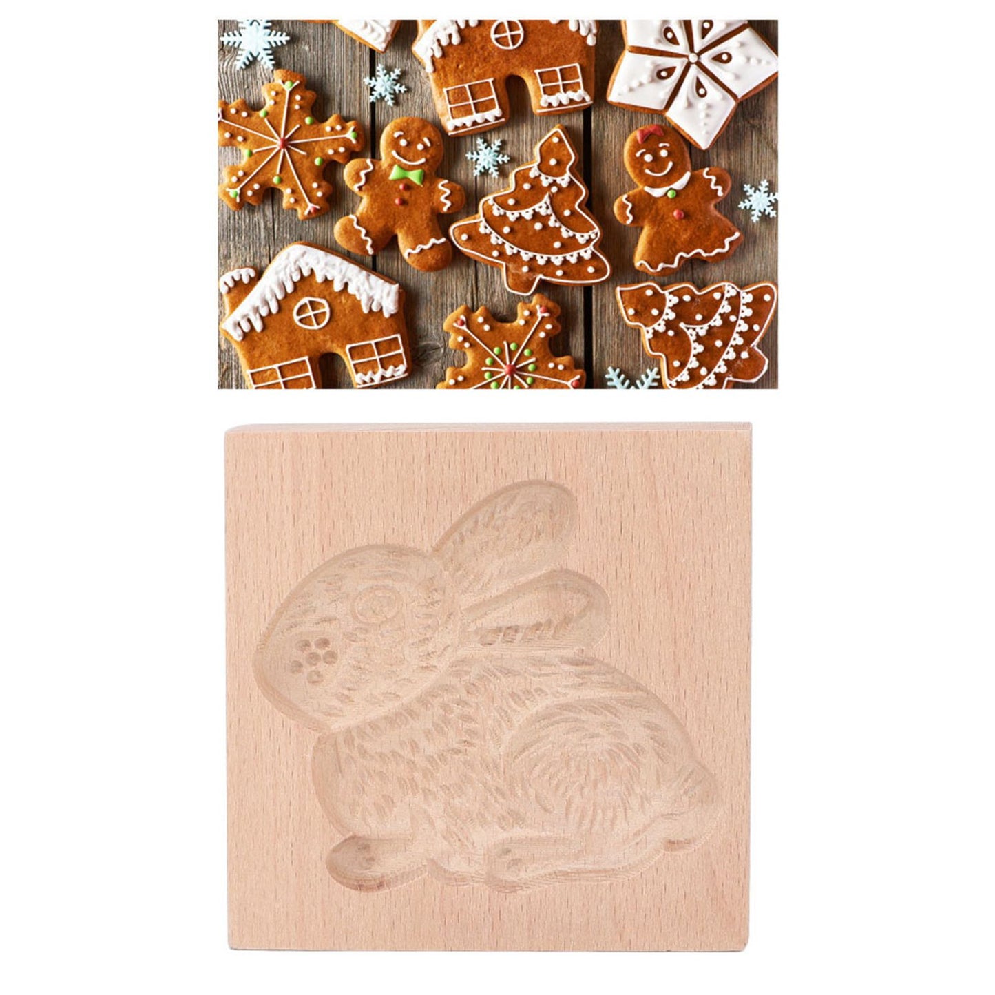 Wooden Cookie Mould Beechwood Reusable Washable Biscuit Press Stamp Mold for Kitchen Baking Rabbit