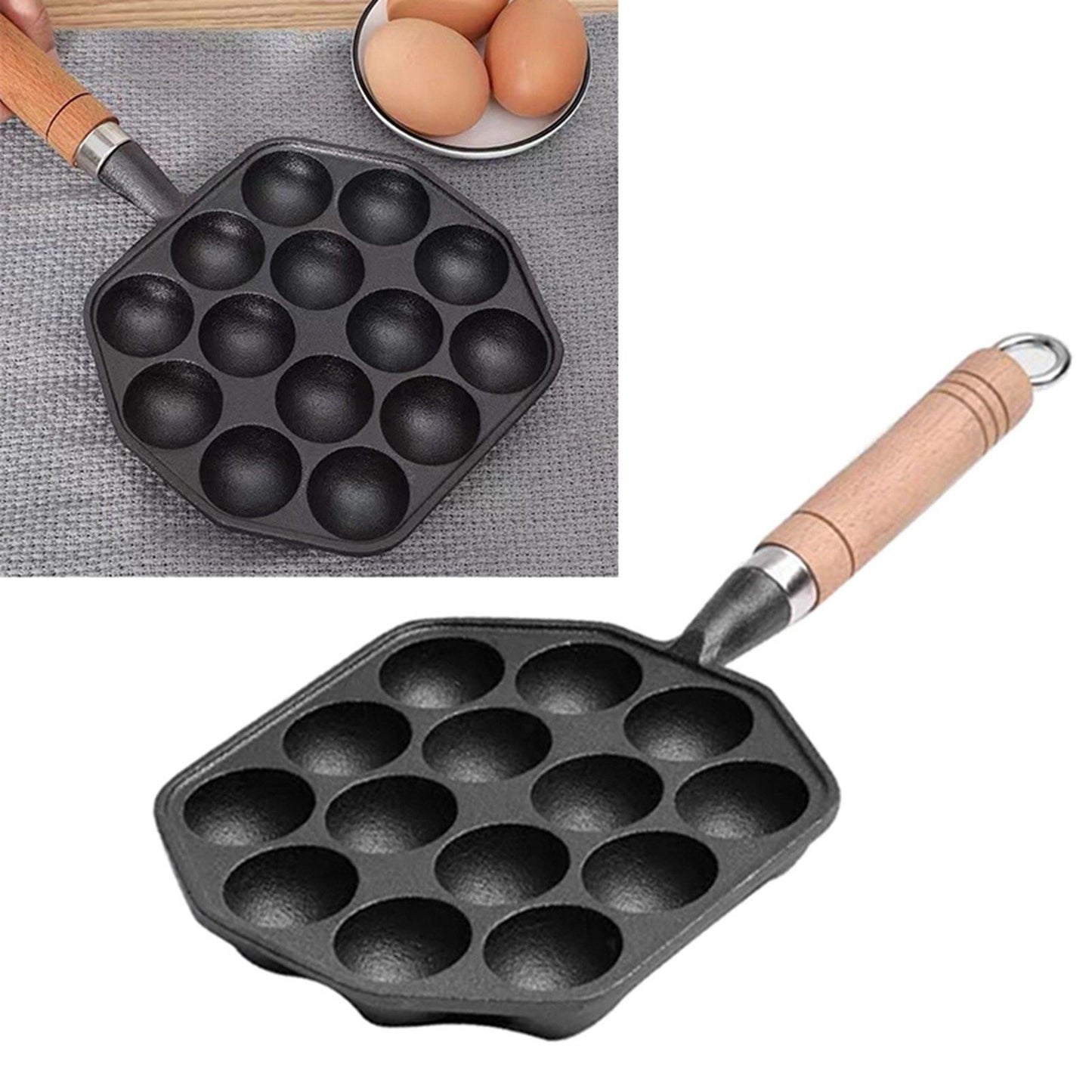 14 Holes Takoyaki Pan Nonstick Cast Iron Octopus Meat Balls Mold Maker with Detachable Handle for Home Pancake Baking