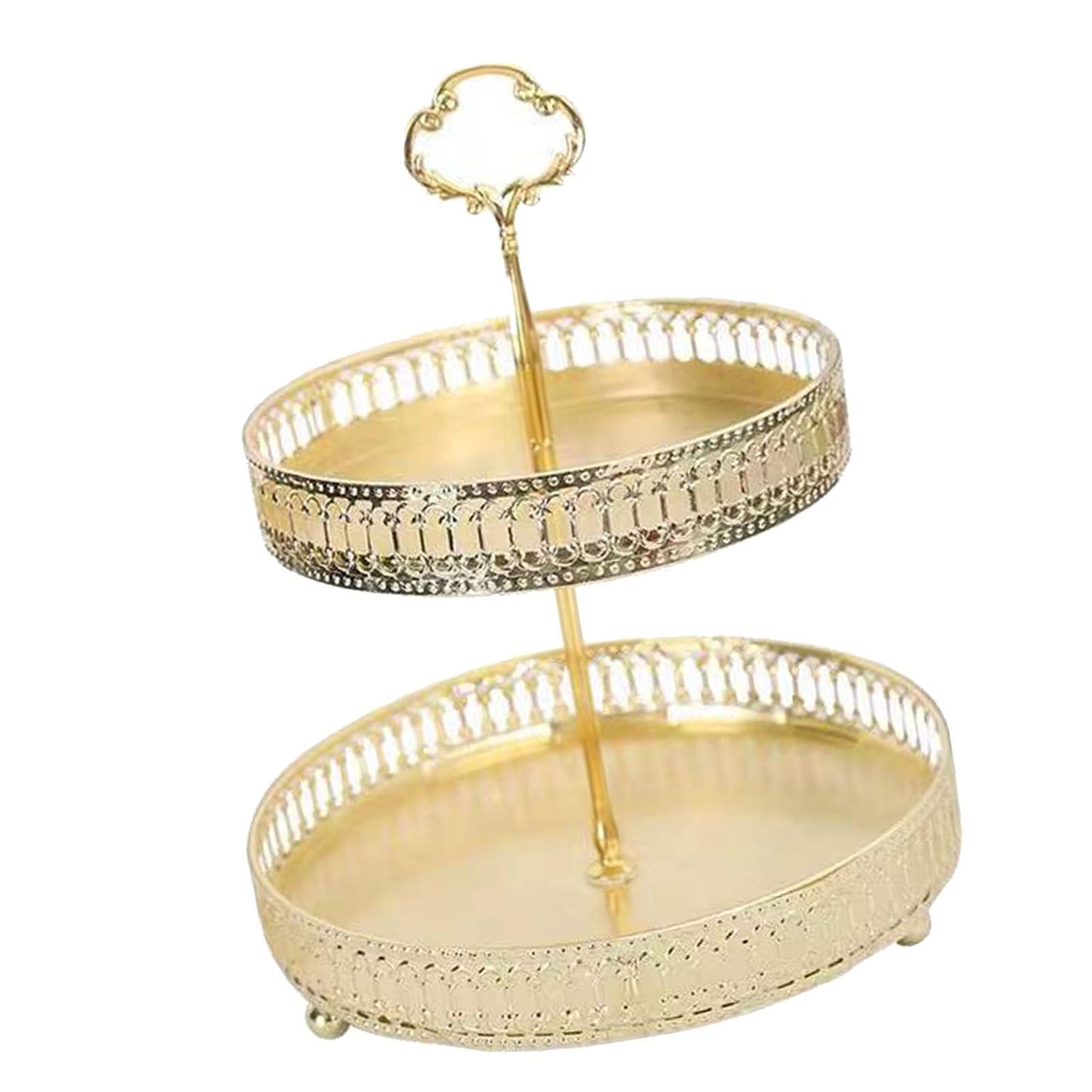 Double Layer Pastry Tray Decorative Copper Gold Biscuits Dessert Display Plate for Wedding Hollowed Out Vertical Grain