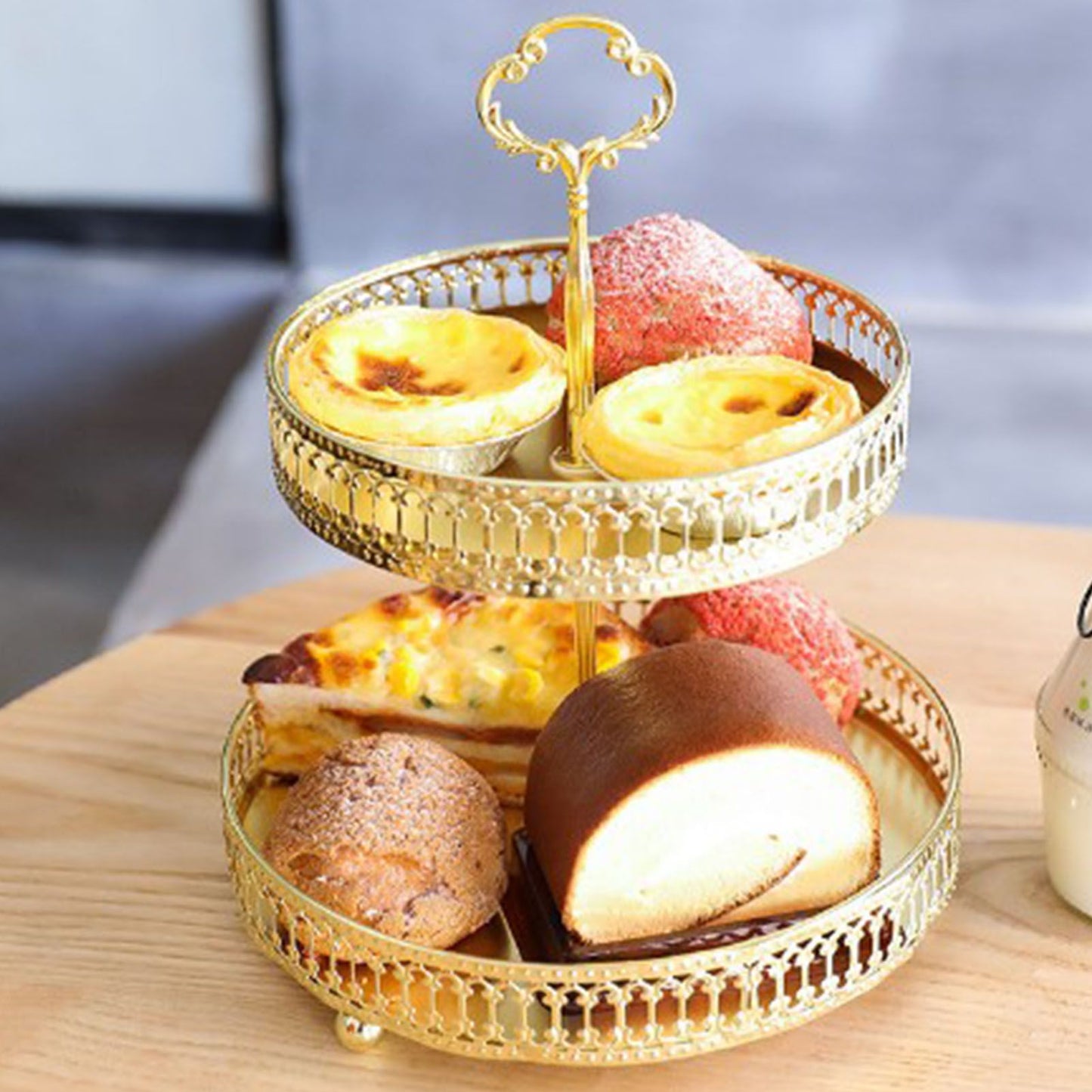 Double Layer Pastry Tray Decorative Copper Gold Biscuits Dessert Display Plate for Wedding Hollowed Out Vertical Grain
