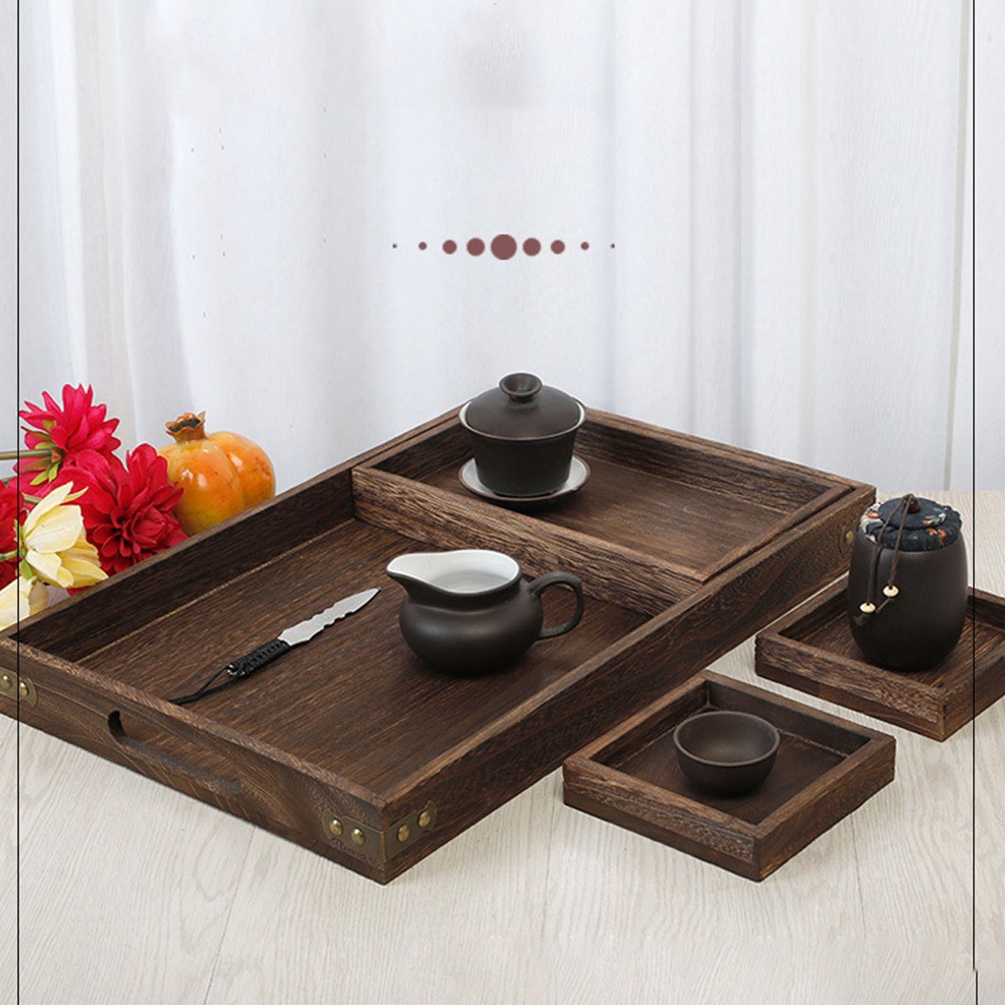 Wood Tea Tray Fade Resistant Exquisite Retro Reinforced Rectangular Tea Serving Tray