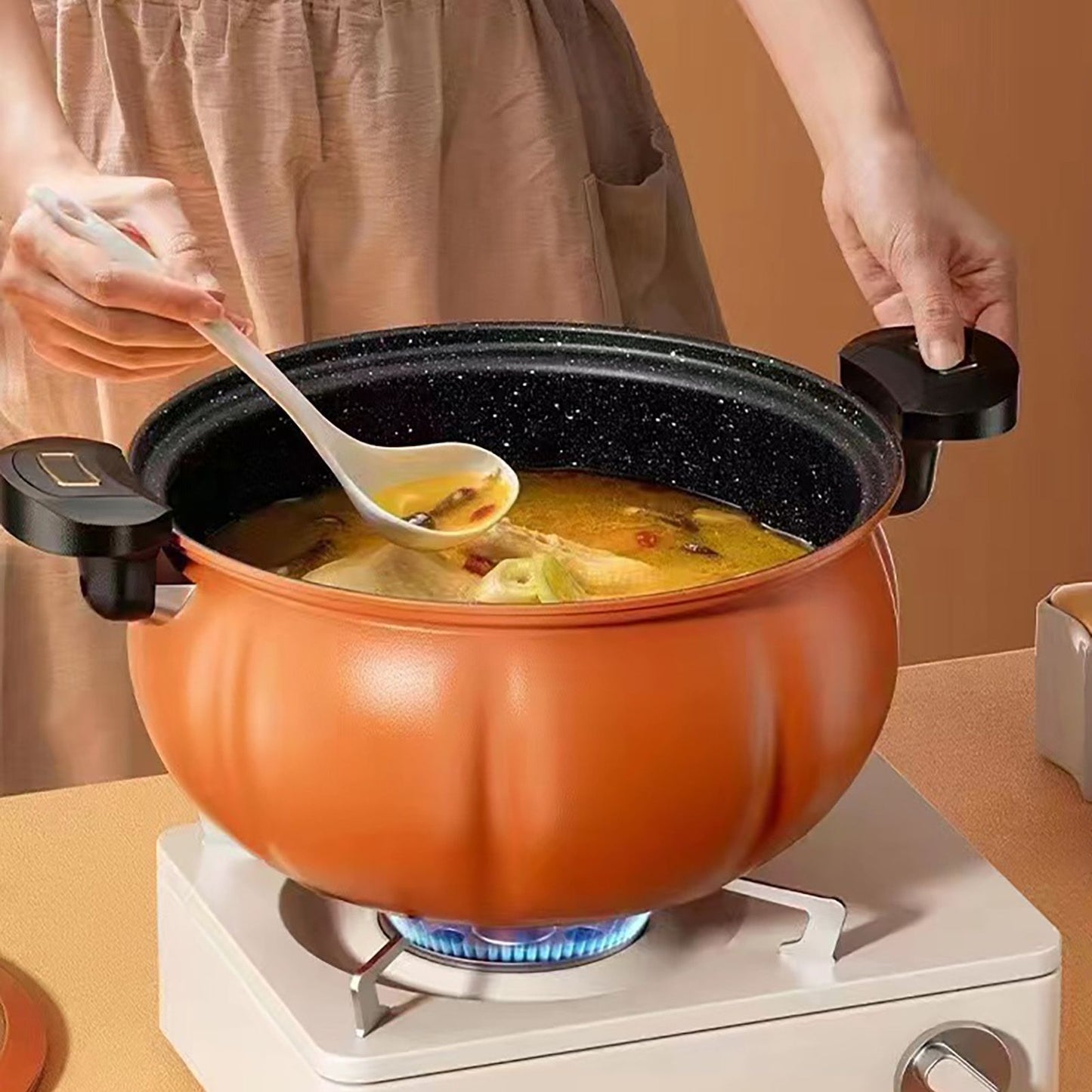Medical Stone Soup Pot Large Capacity Excellent Sealing Saucepan Anti Scald Silicone Cover Multi Purpose Stockpot Orange 24cm/9.4in