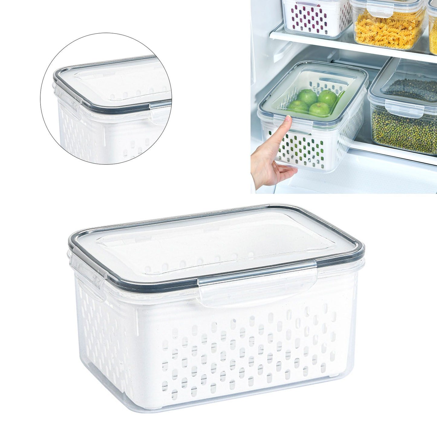 Drain Storage Basket Box Transparent Fruit Vegetable Storage Container for Kitchen Supplies 1750ML