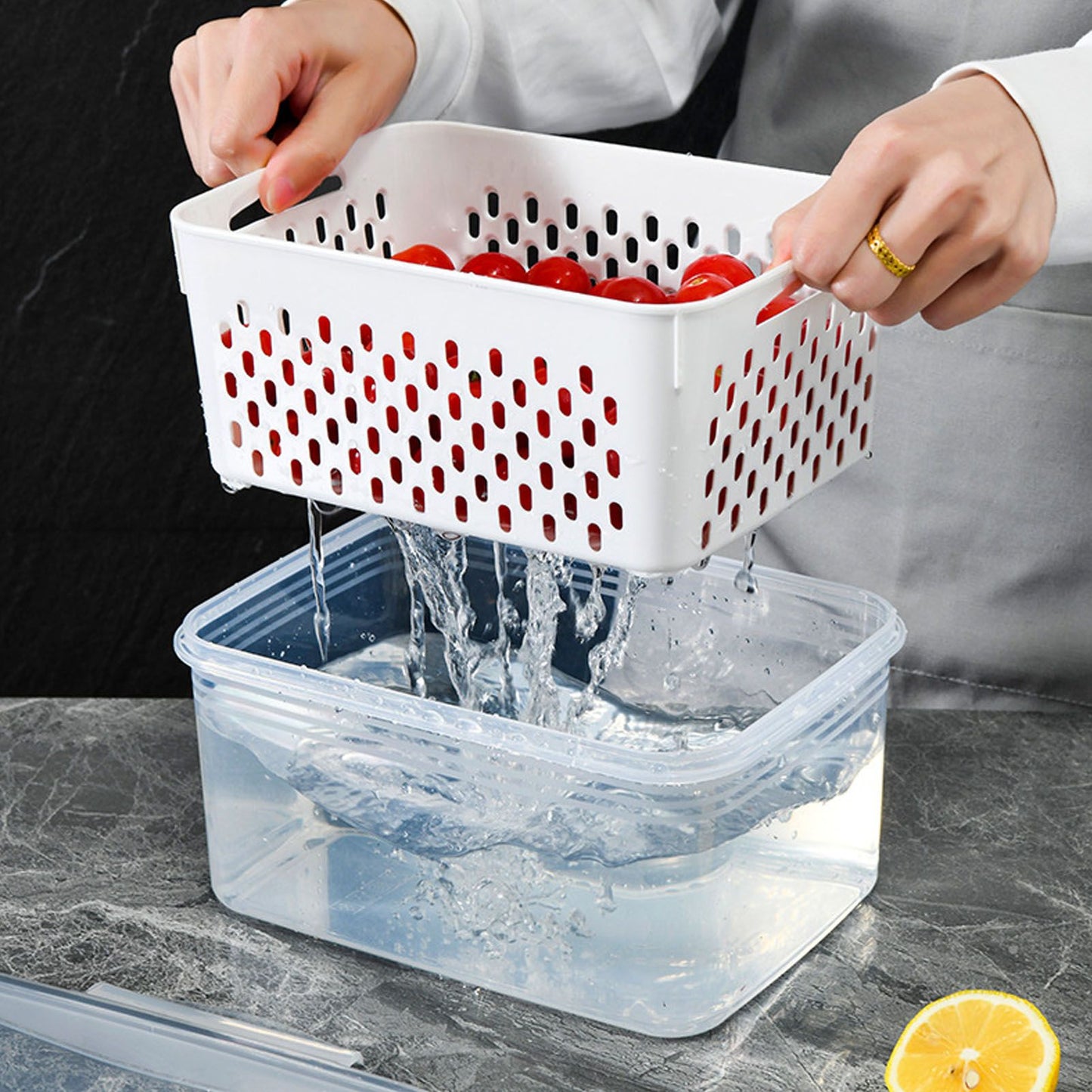 Drain Storage Basket Box Transparent Fruit Vegetable Storage Container for Kitchen Supplies 1750ML
