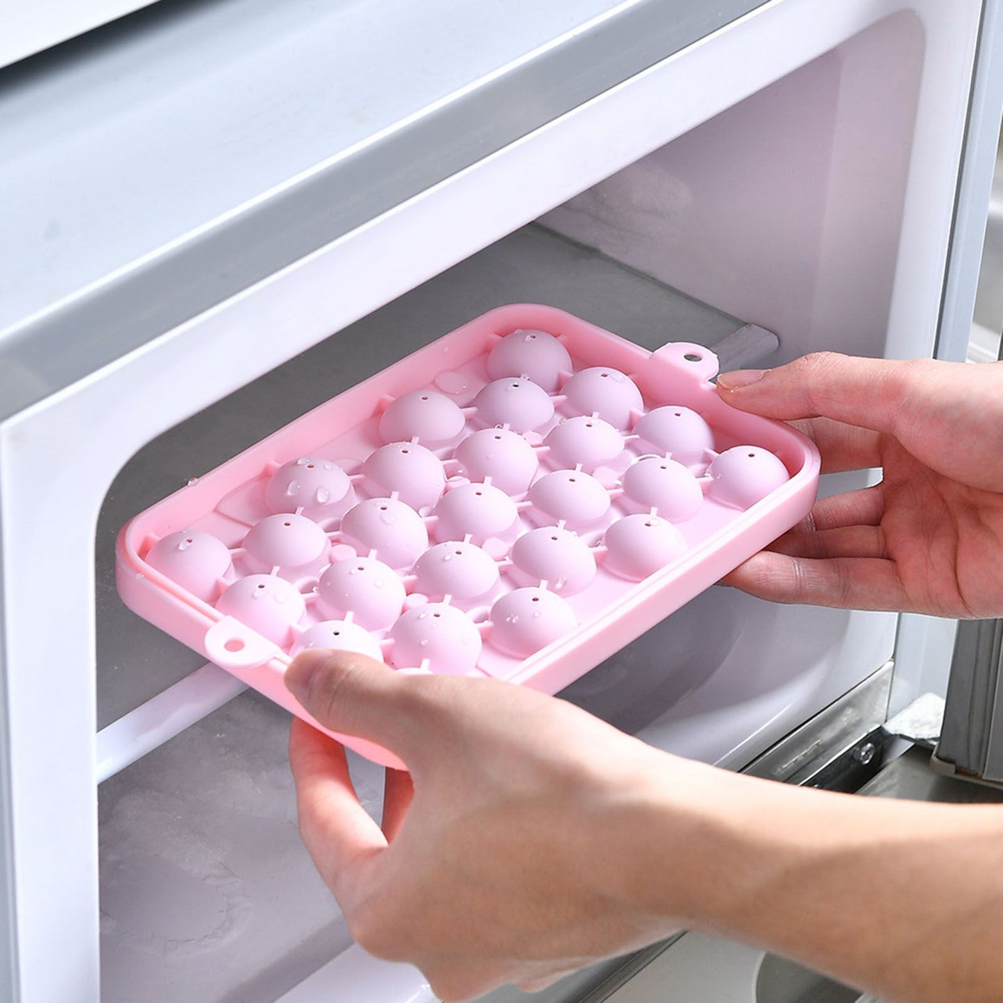 25 Grid Ice Cube Tray Easy Release Silicone Ice Ball Maker Mold Mini Round Ice Sphere Tray with Lid Pink