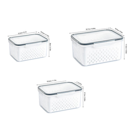 3pcs Drain Storage Basket Box Transparent Leakproof Food Storage Containers with Removable Colander for Fridge