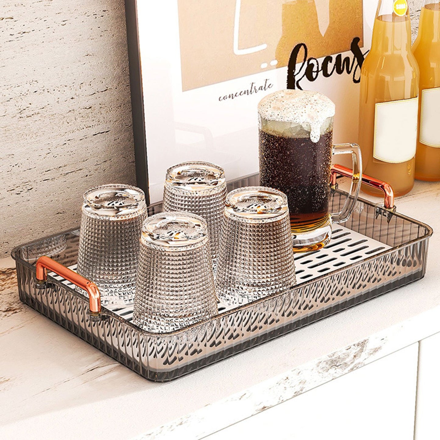 Water Drainage Tea Tray Double Layer Large Capacity Rectangular Cup Drain Board with Handle for Living Room S Gray