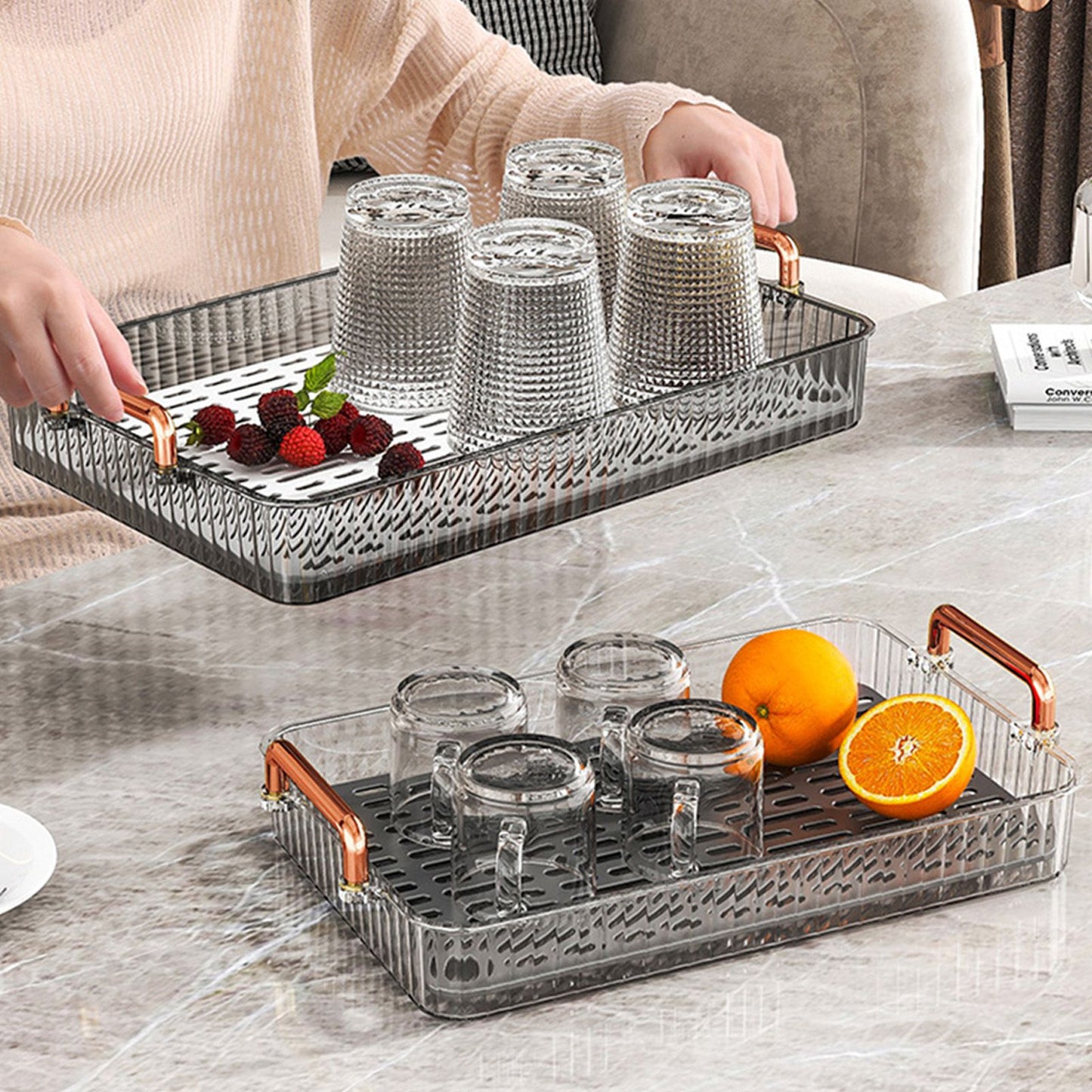 Water Drainage Tea Tray Double Layer Large Capacity Rectangular Cup Drain Board with Handle for Living Room S Gray