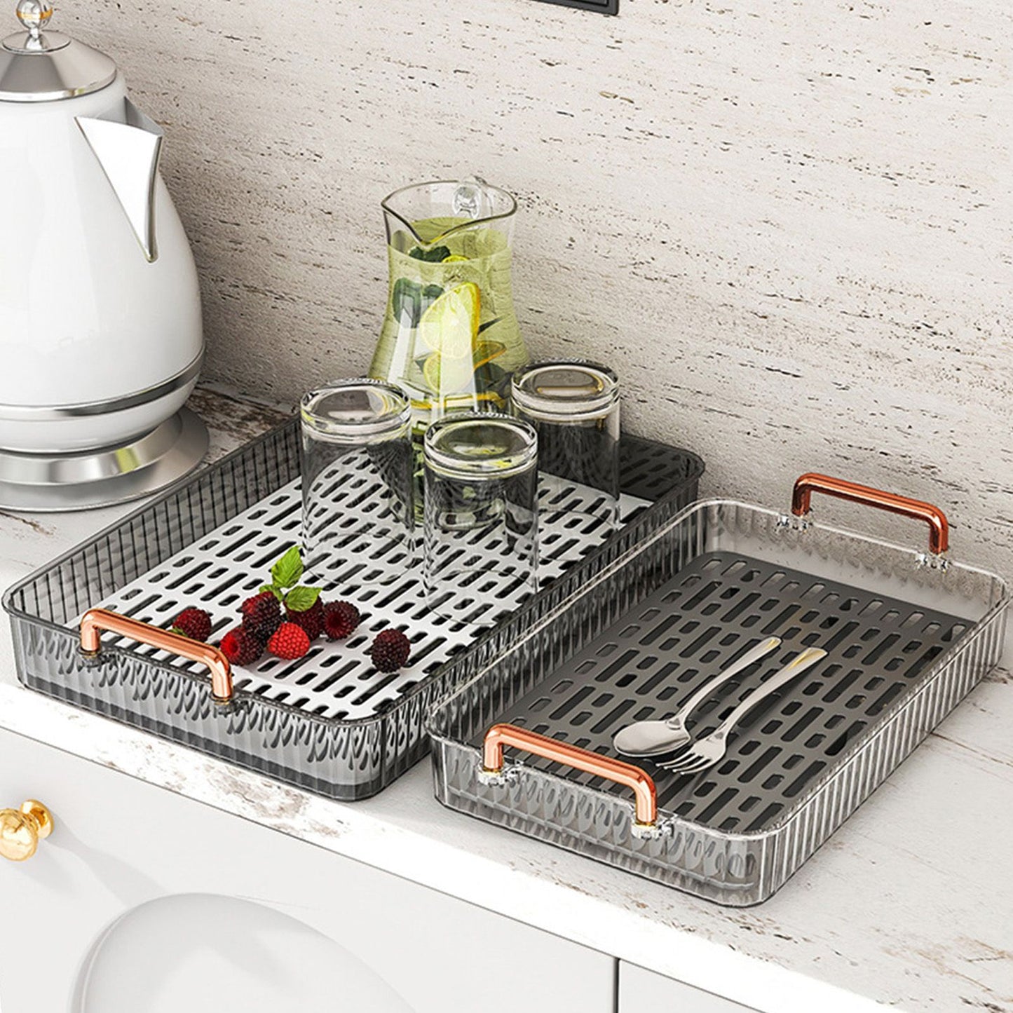 Water Drainage Tea Tray Double Layer Large Capacity Rectangular Cup Drain Board with Handle for Living Room S Gray