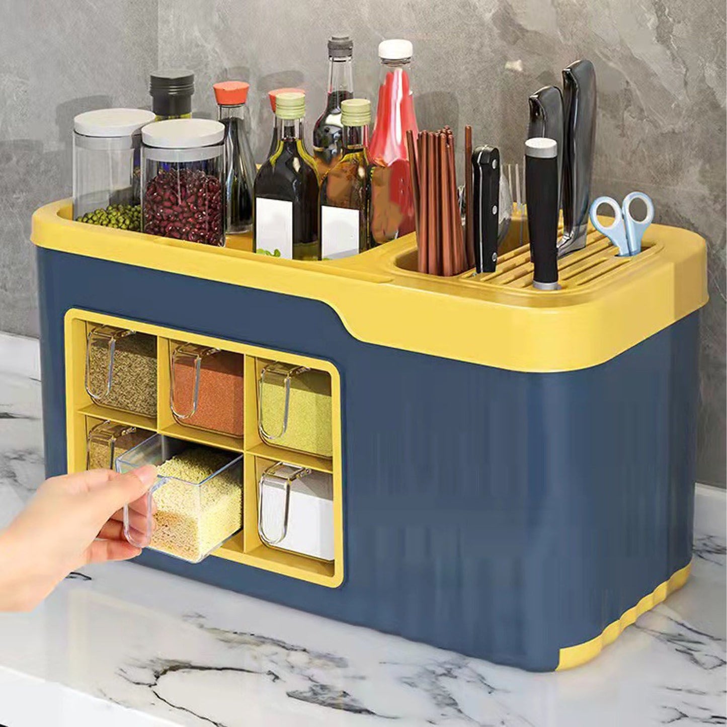 Kitchen Seasoning Storage Rack Plastic Seasoning Storage Rack Multifunctional Knife Rack Spice Organizer Storage Rack Blue and Yellow 4 Cells