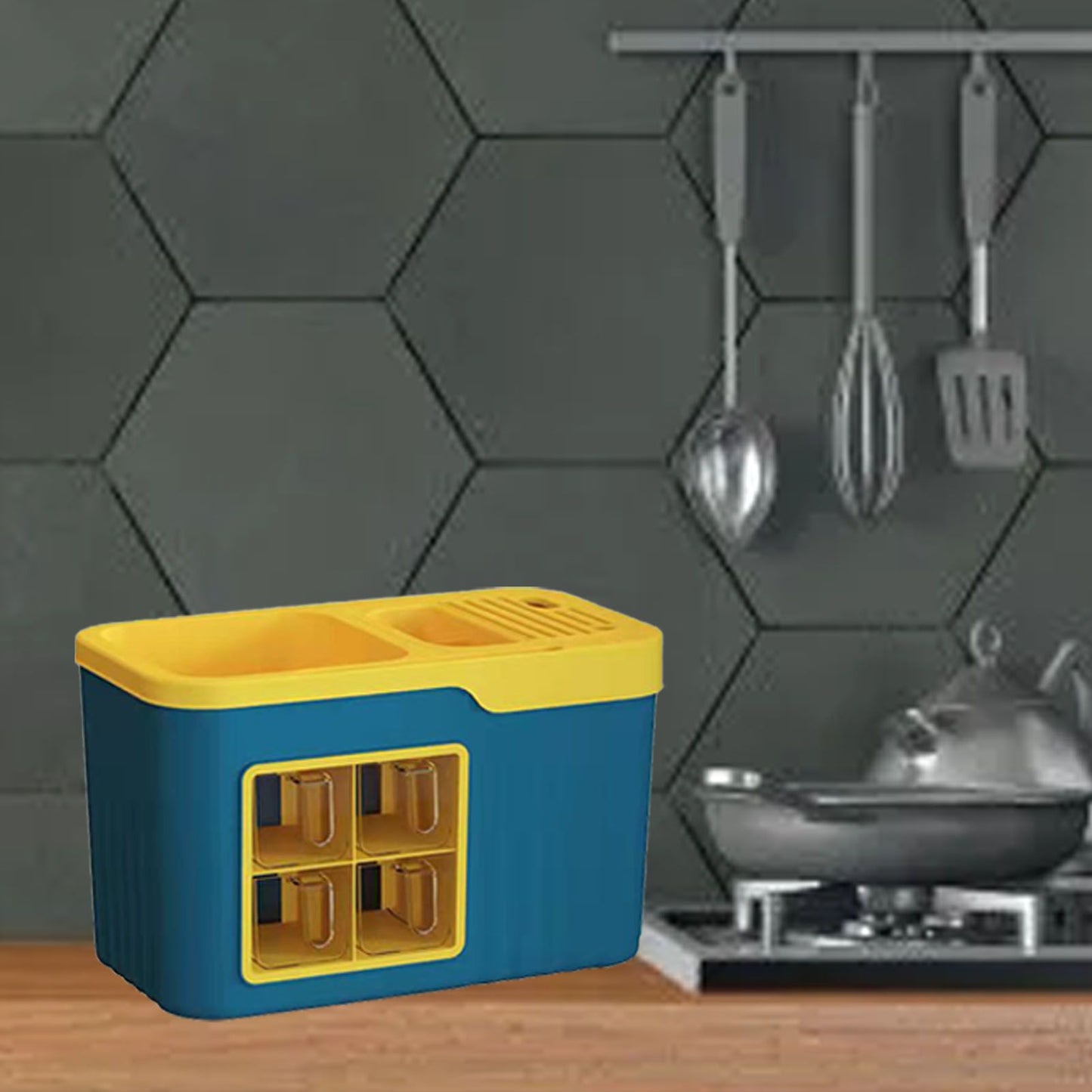 Kitchen Seasoning Storage Rack Plastic Seasoning Storage Rack Multifunctional Knife Rack Spice Organizer Storage Rack Blue and Yellow 4 Cells