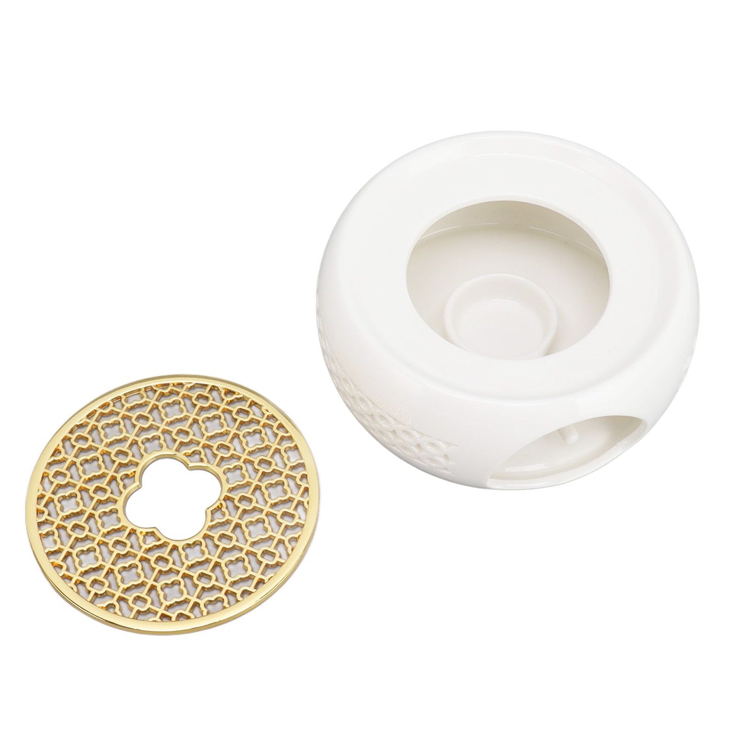 Porcelain Teapot Heater Hollow Frame Round Teapot Warmer Base with Alloy Cushion and Candle Holder