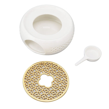 Porcelain Teapot Heater Hollow Frame Round Teapot Warmer Base with Alloy Cushion and Candle Holder