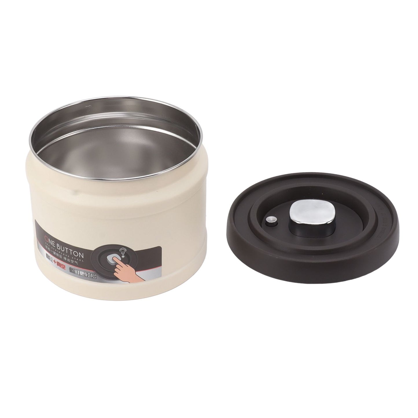 Vacuum Sealed Coffee Container 304 Stainless Steel Press Type Airtight Food Storage Container for Coffee Beans Tea Nuts 1100ML Beige