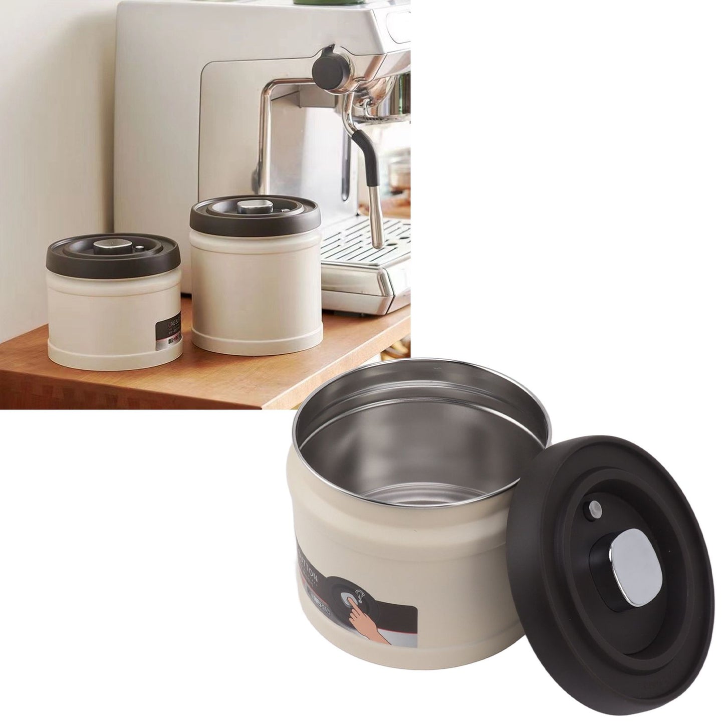 Vacuum Sealed Coffee Container 304 Stainless Steel Press Type Airtight Food Storage Container for Coffee Beans Tea Nuts 1100ML Beige